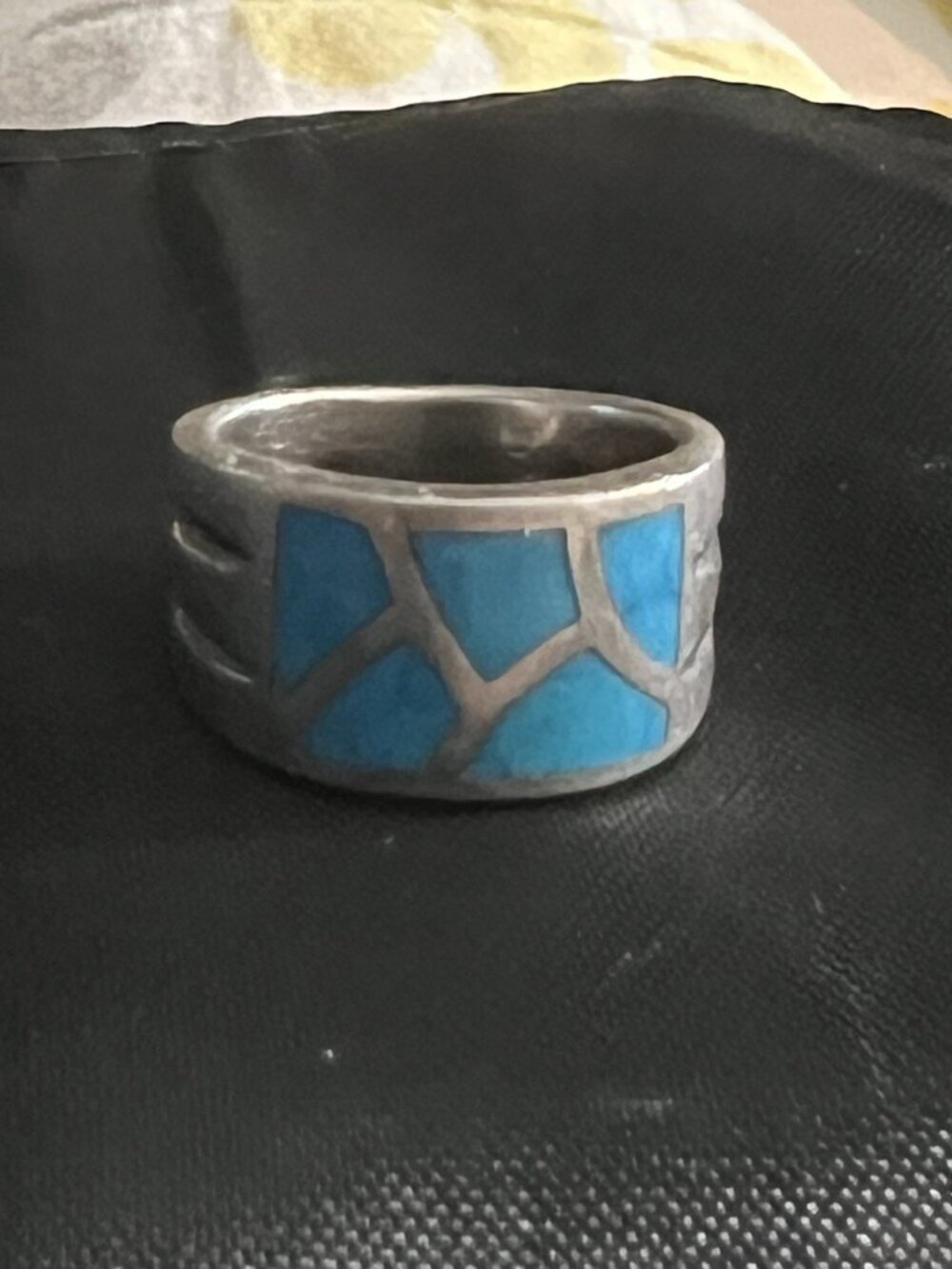 Vintage 925 Tourquise Mosaic Inlay Wide Band Ring Zulu Southwest S 6.5 9g EUC
